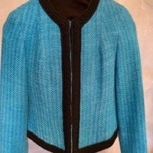 Exquisite tailored Doncaster turquoise/black trim jacket, size 2
